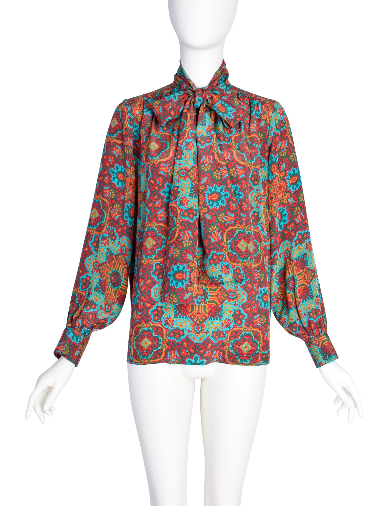 Yves Saint Laurent Vintage 1970s Turquoise Multicolor Moroccan Inspired Print Silk Lavalliere Shirt