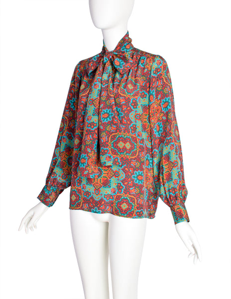 Yves Saint Laurent Vintage 1970s Turquoise Multicolor Moroccan Inspired Print Silk Lavalliere Shirt