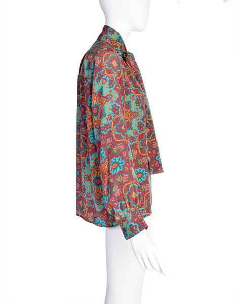 Yves Saint Laurent Vintage 1970s Turquoise Multicolor Moroccan Inspired Print Silk Lavalliere Shirt