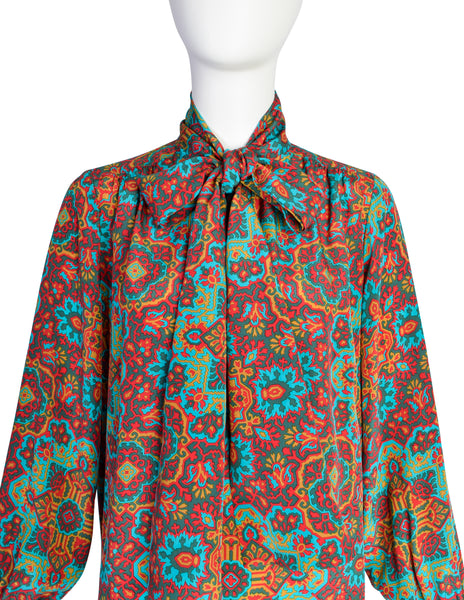 Yves Saint Laurent Vintage 1970s Turquoise Multicolor Moroccan Inspired Print Silk Lavalliere Shirt