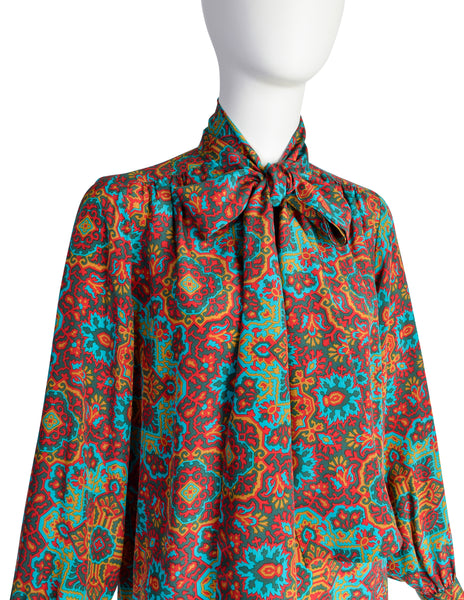 Yves Saint Laurent Vintage 1970s Turquoise Multicolor Moroccan Inspired Print Silk Lavalliere Shirt