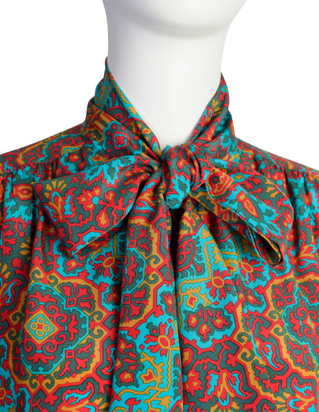 Yves Saint Laurent Vintage 1970s Turquoise Multicolor Moroccan Inspired Print Silk Lavalliere Shirt