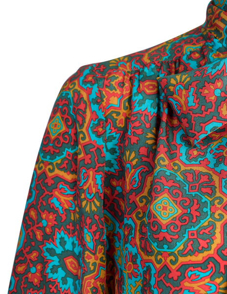 Yves Saint Laurent Vintage 1970s Turquoise Multicolor Moroccan Inspired Print Silk Lavalliere Shirt