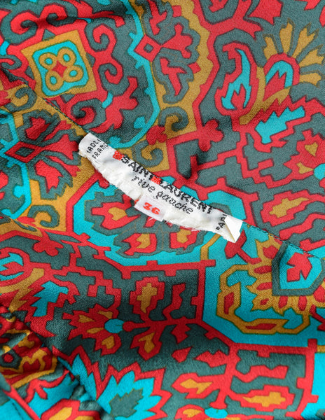 Yves Saint Laurent Vintage 1970s Turquoise Multicolor Moroccan Inspired Print Silk Lavalliere Shirt