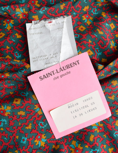 Yves Saint Laurent Vintage 1970s Red Multicolor Moroccan Inspired Print Silk Lavalliere Shirt