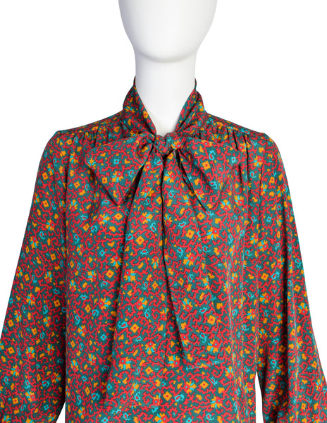Yves Saint Laurent Vintage 1970s Red Multicolor Moroccan Inspired Print Silk Lavalliere Shirt