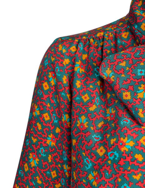 Yves Saint Laurent Vintage 1970s Red Multicolor Moroccan Inspired Print Silk Lavalliere Shirt