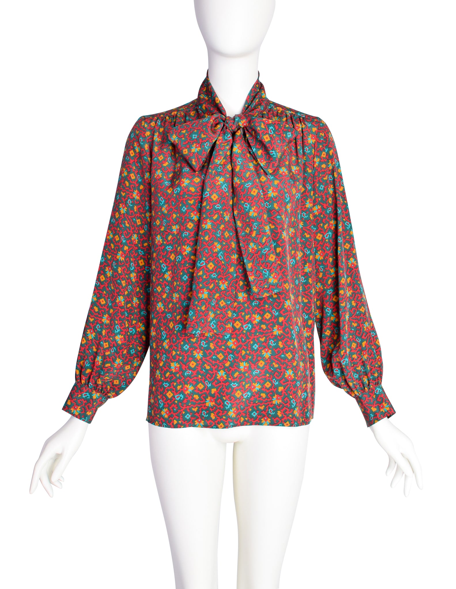 Yves Saint Laurent Vintage 1970s Red Multicolor Moroccan Inspired Print Silk Lavalliere Shirt