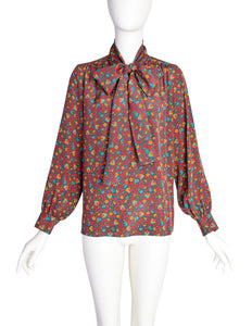Yves Saint Laurent Vintage 1970s Red Multicolor Moroccan Inspired Print Silk Lavalliere Shirt