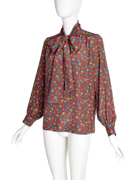 Yves Saint Laurent Vintage 1970s Red Multicolor Moroccan Inspired Print Silk Lavalliere Shirt