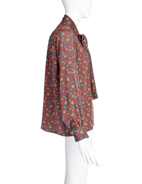 Yves Saint Laurent Vintage 1970s Red Multicolor Moroccan Inspired Print Silk Lavalliere Shirt