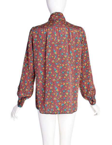 Yves Saint Laurent Vintage 1970s Red Multicolor Moroccan Inspired Print Silk Lavalliere Shirt