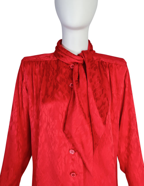 Yves Saint Laurent Vintage 1980s Red Scale Silk Jacquard Ascot