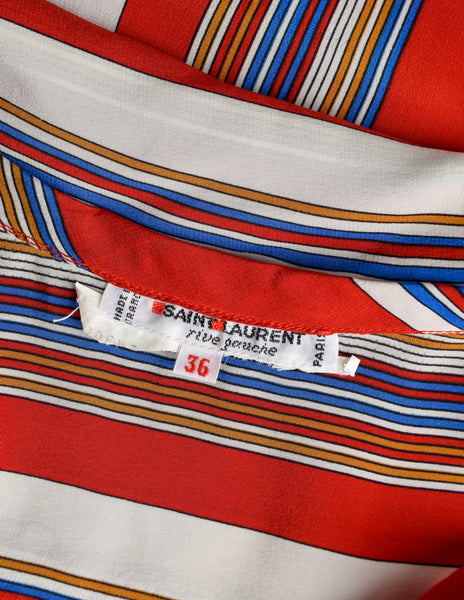 Yves Saint Laurent Vintage SS 1982 Red Primary Color Striped Silk Lavalliere Shirt