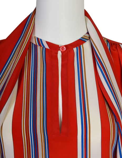 Yves Saint Laurent Vintage SS 1982 Red Primary Color Striped Silk Lavalliere Shirt