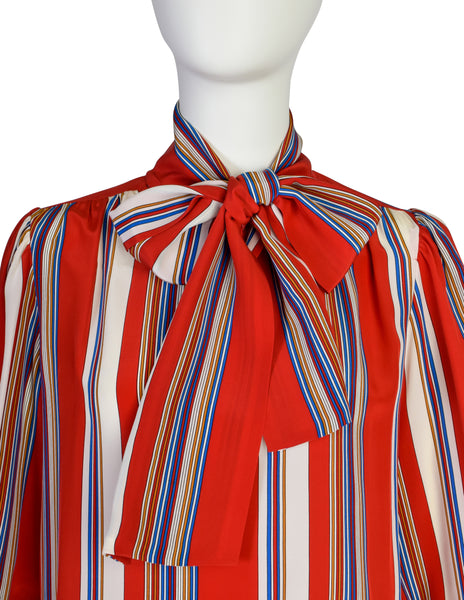 Yves Saint Laurent Vintage SS 1982 Red Primary Color Striped Silk Lavalliere Shirt