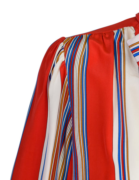 Yves Saint Laurent Vintage SS 1982 Red Primary Color Striped Silk Lavalliere Shirt
