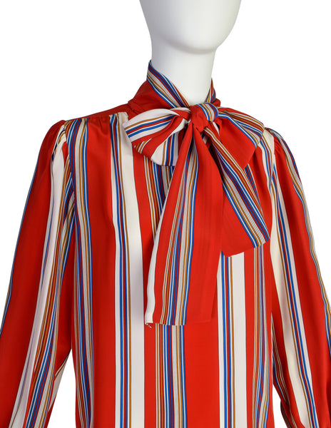 Yves Saint Laurent Vintage SS 1982 Red Primary Color Striped Silk Lavalliere Shirt