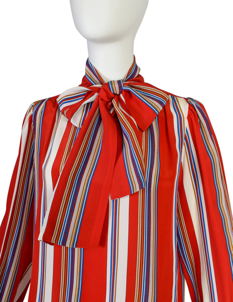 Yves Saint Laurent Vintage SS 1982 Red Primary Color Striped Silk Lavalliere Shirt