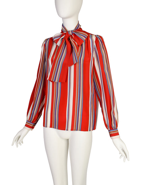 Yves Saint Laurent Vintage SS 1982 Red Primary Color Striped Silk Lavalliere Shirt