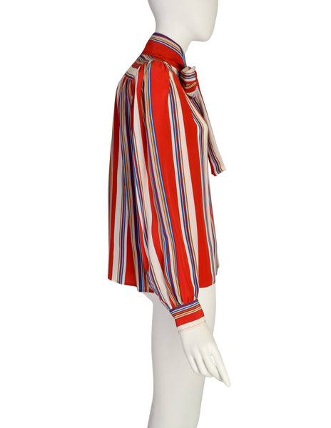 Yves Saint Laurent Vintage SS 1982 Red Primary Color Striped Silk Lavalliere Shirt
