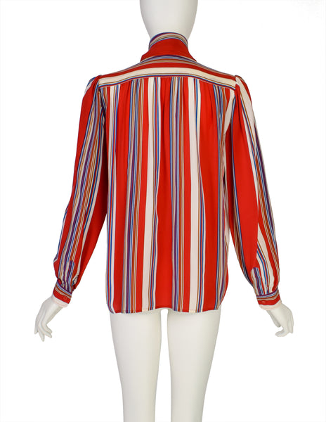 Yves Saint Laurent Vintage SS 1982 Red Primary Color Striped Silk Lavalliere Shirt
