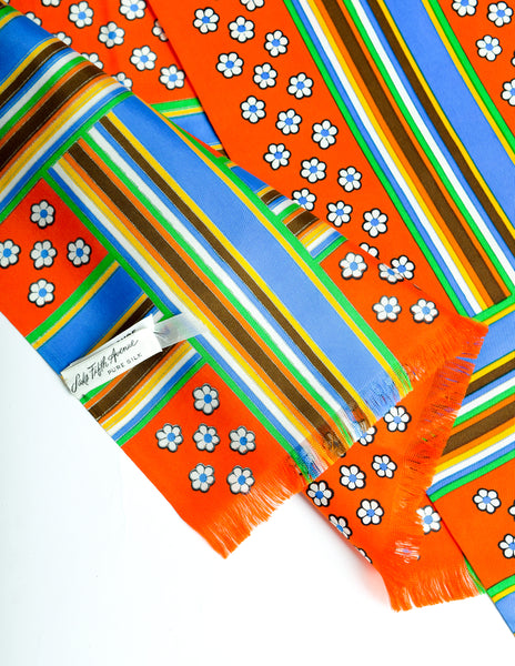 Yves Saint Laurent Vintage YSL Bright Multicolor Floral Striped Long Rectangular Silk Scarf