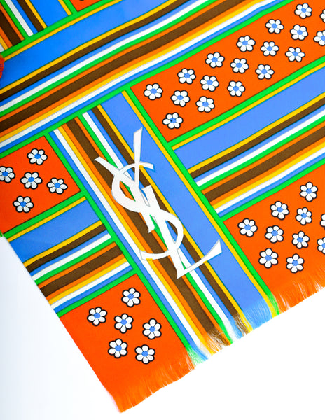 Yves Saint Laurent Vintage YSL Bright Multicolor Floral Striped Long Rectangular Silk Scarf