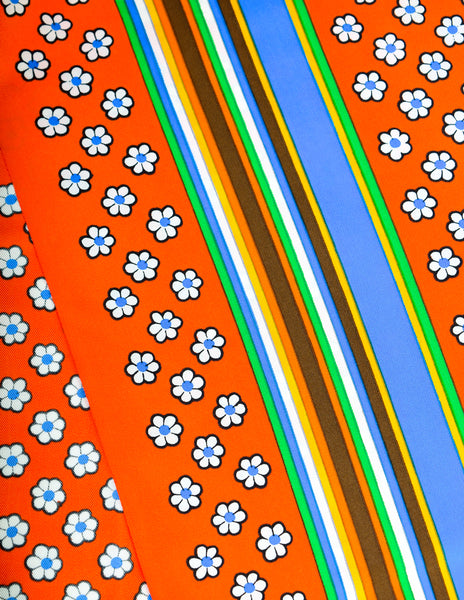Yves Saint Laurent Vintage YSL Bright Multicolor Floral Striped Long Rectangular Silk Scarf