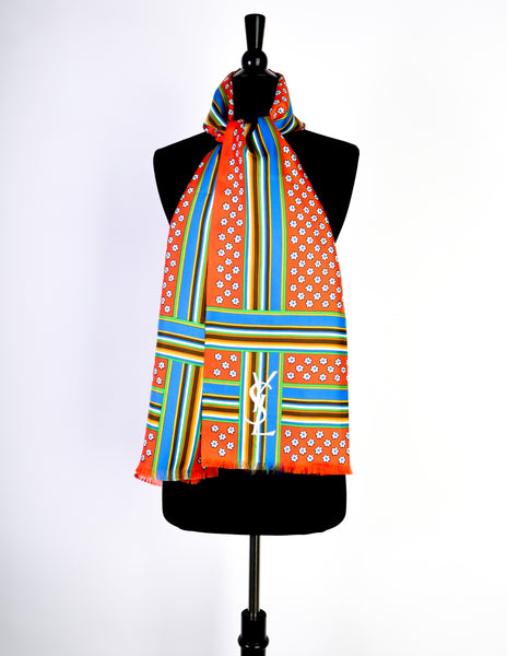 Yves Saint Laurent Vintage YSL Bright Multicolor Floral Striped Long Rectangular Silk Scarf