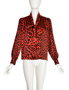 Yves Saint Laurent Vintage AW 1983 Red Black Leopard Print Silk Charmeuse Lavalliere Blouse