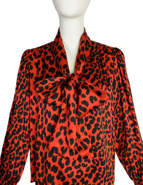 Yves Saint Laurent Vintage AW 1983 Red Black Leopard Print Silk Charmeuse Lavalliere Blouse