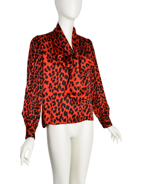 Yves Saint Laurent Vintage AW 1983 Red Black Leopard Print Silk Charmeuse Lavalliere Blouse