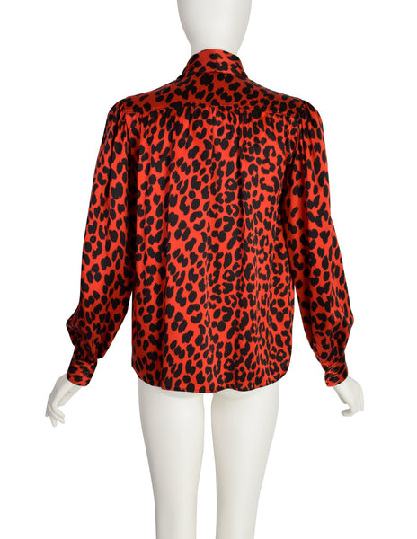 Yves Saint Laurent Vintage AW 1983 Red Black Leopard Print Silk Charmeuse Lavalliere Blouse