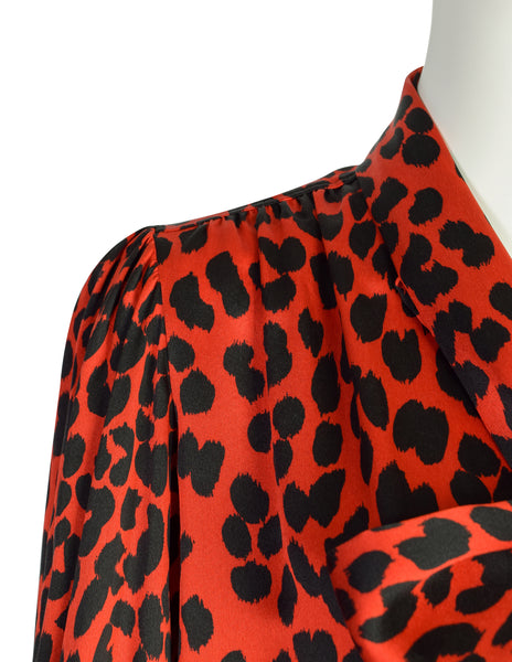 Yves Saint Laurent Vintage AW 1983 Red Black Leopard Print Silk Charmeuse Lavalliere Blouse