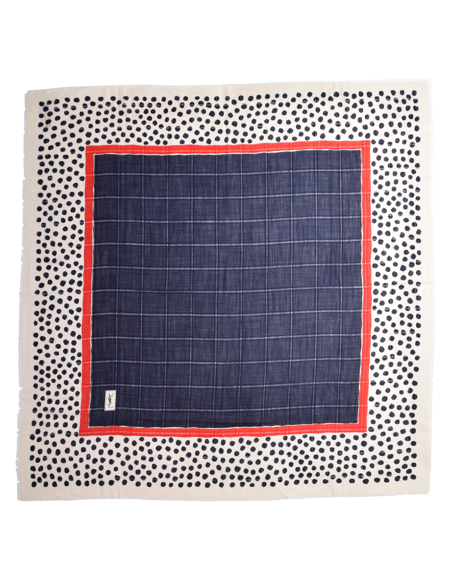 Yves Saint Laurent Vintage 1970s Navy Blue Red White Dot Woven Silk Wool Oversized Scarf