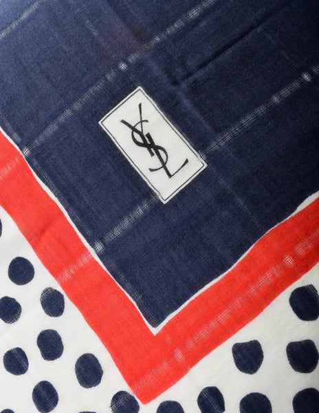 Yves Saint Laurent Vintage 1970s Navy Blue Red White Dot Woven Silk Wool Oversized Scarf