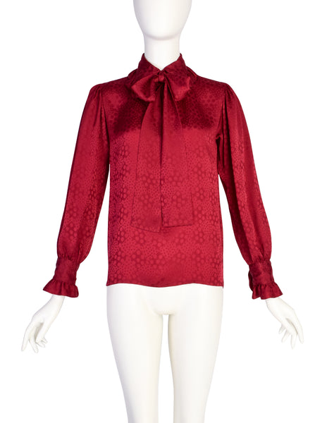 Yves Saint Laurent Vintage 1970s Maroon Silk Dot Jacquard Ruffle Lavaliere Shirt