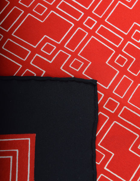Yves Saint Laurent Vintage YSL Red Black White Geometric Tile Print Silk Scarf