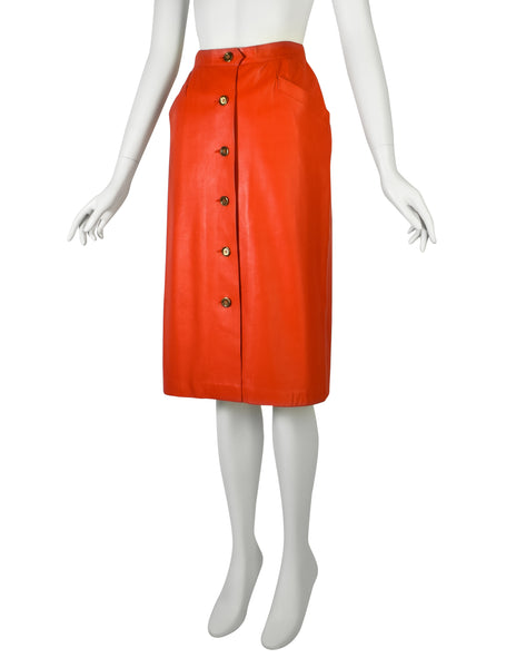 Yves Saint Laurent Vintage 1970s Orangey Red Lambskin Leather Skirt