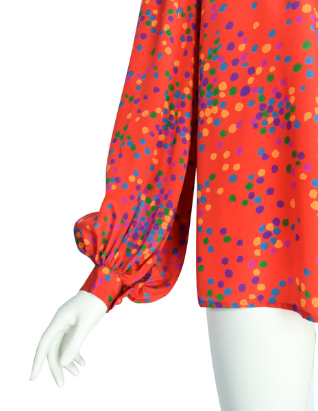 Yves Saint Laurent Vintage SS 1984 Red Multicolor Confetti Dot Print Silk Bishop Sleeve Shirt