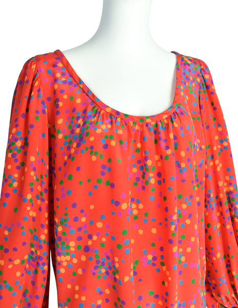 Yves Saint Laurent Vintage SS 1984 Red Multicolor Confetti Dot Print Silk Bishop Sleeve Shirt