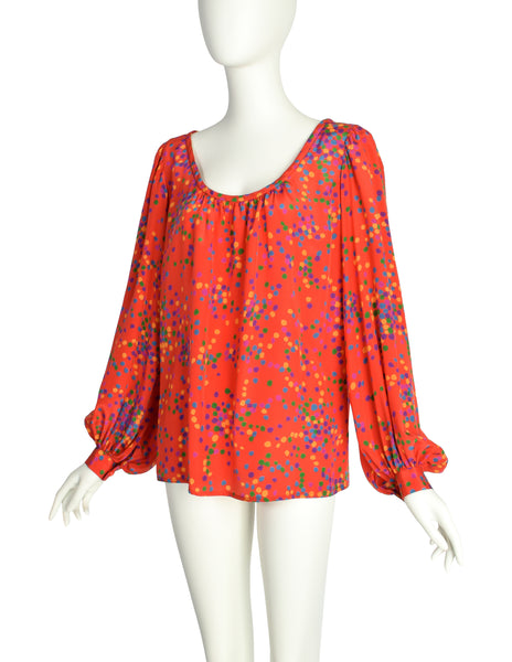 Yves Saint Laurent Vintage SS 1984 Red Multicolor Confetti Dot Print Silk Bishop Sleeve Shirt
