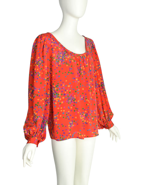 Yves Saint Laurent Vintage SS 1984 Red Multicolor Confetti Dot Print Silk Bishop Sleeve Shirt