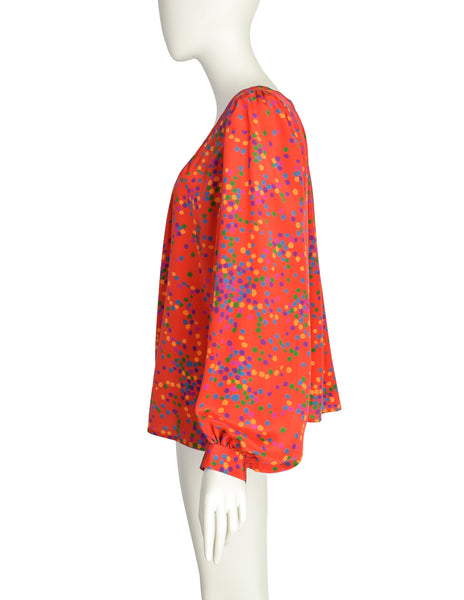 Yves Saint Laurent Vintage SS 1984 Red Multicolor Confetti Dot Print Silk Bishop Sleeve Shirt