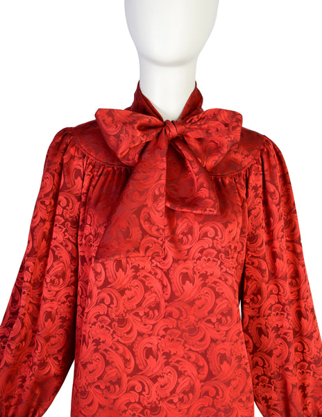 Yves Saint Laurent Vintage Red Baroque Jacquard Silk Lavalliere Bow Top