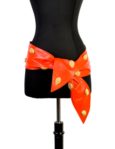 YSL Vintage Gold Pinecone Stud Red Leather Wrap Belt