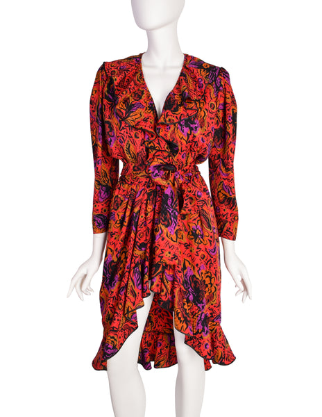 Yves Saint Laurent Vintage Red Multicolor Floral Silk Jacquard Ruffle Wrap Dress