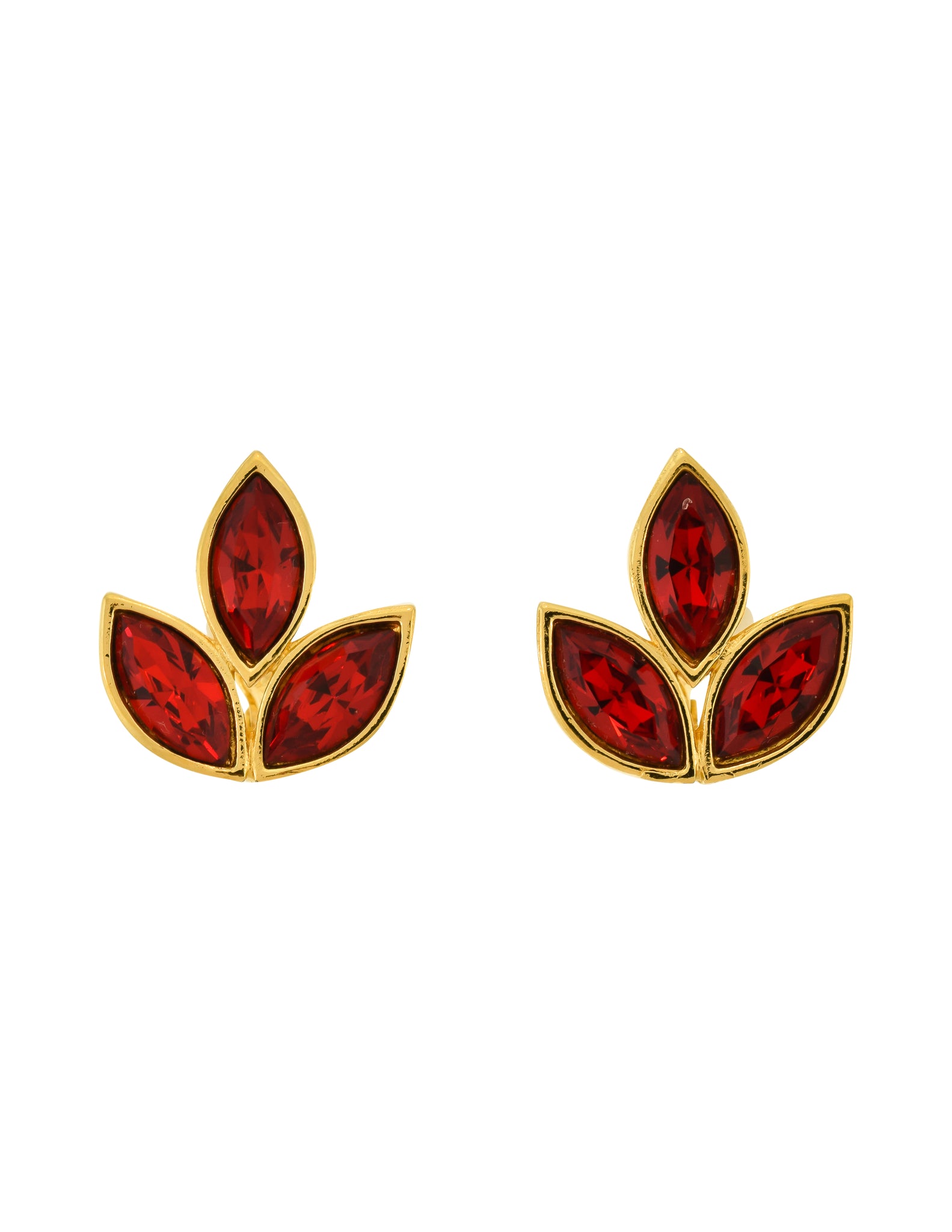Yves Saint Laurent Vintage Gold Red Crystal Three Point Earrings
