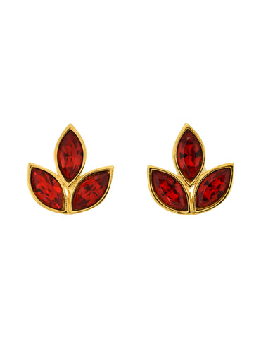 Yves Saint Laurent Vintage Gold Red Crystal Three Point Earrings